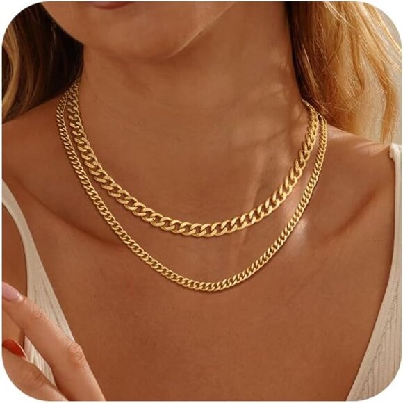 Gold Necklace for Women 14K Dainty Chunky Gold/Sliver Chain Necklace Cuban Link - Picture 1 of 7